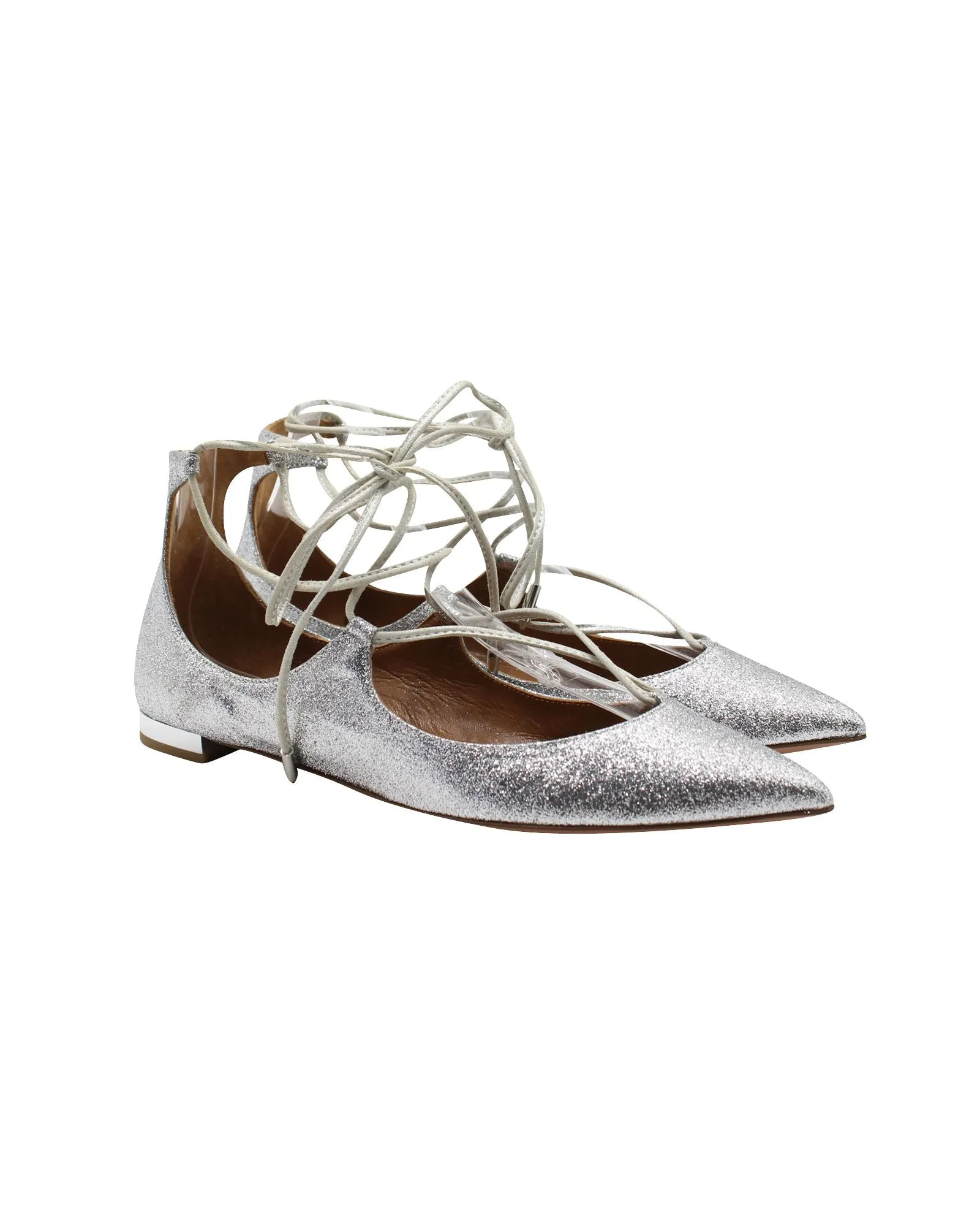 Aquazzura Glittered Christy Lace-up Pointed-Toe Flats in Silver Leather