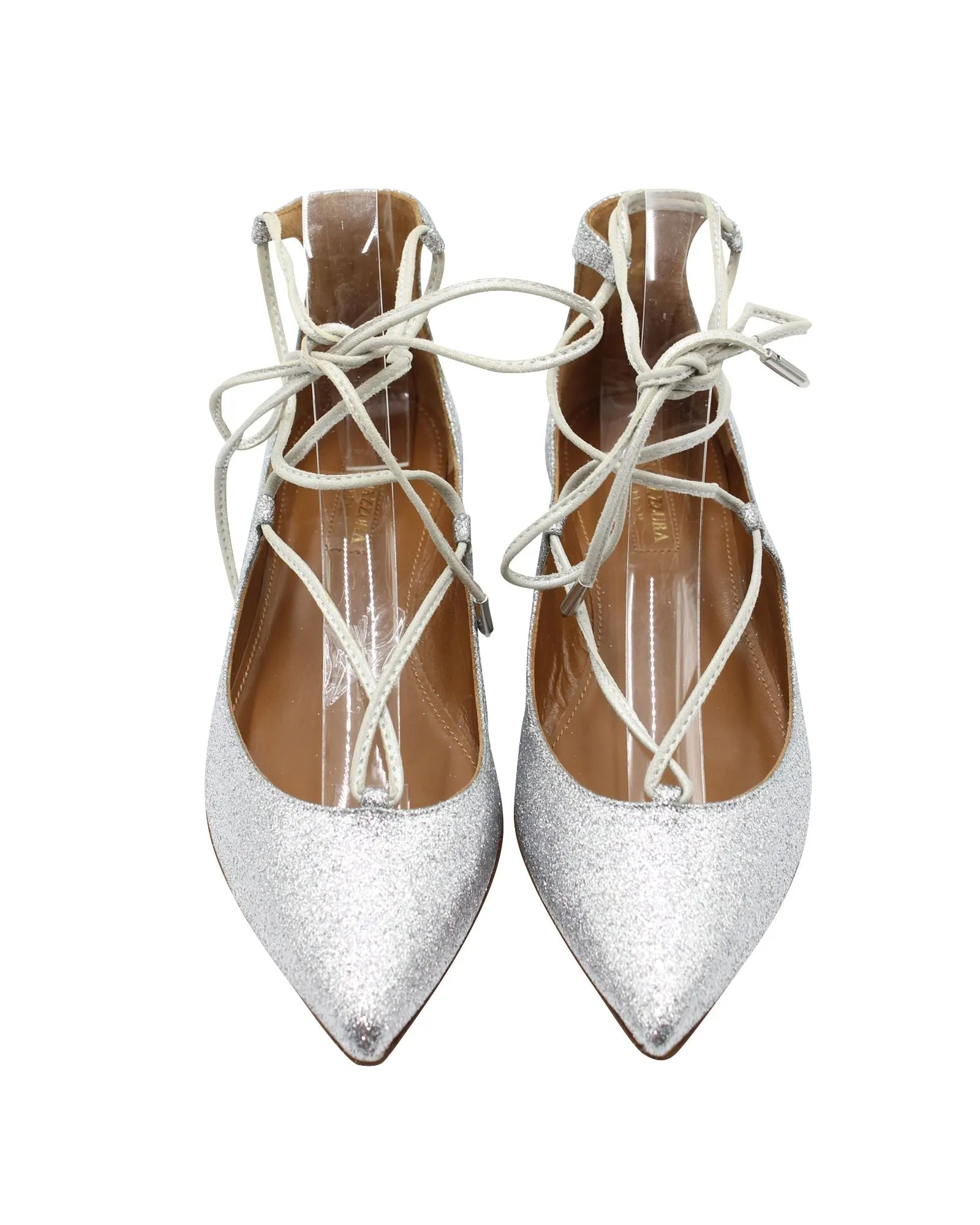 Aquazzura Glittered Christy Lace-up Pointed-Toe Flats in Silver Leather