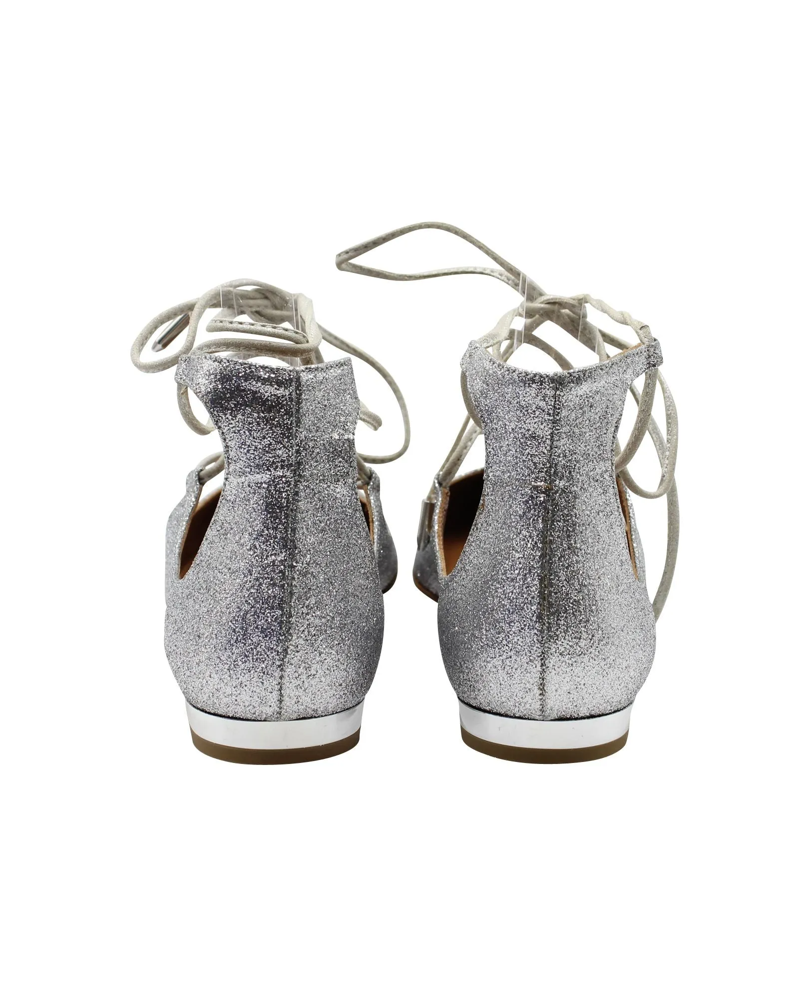 Aquazzura Glittered Christy Lace-up Pointed-Toe Flats in Silver Leather