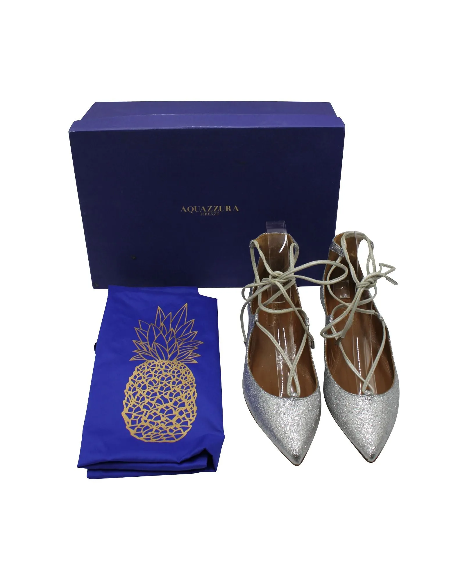 Aquazzura Glittered Christy Lace-up Pointed-Toe Flats in Silver Leather