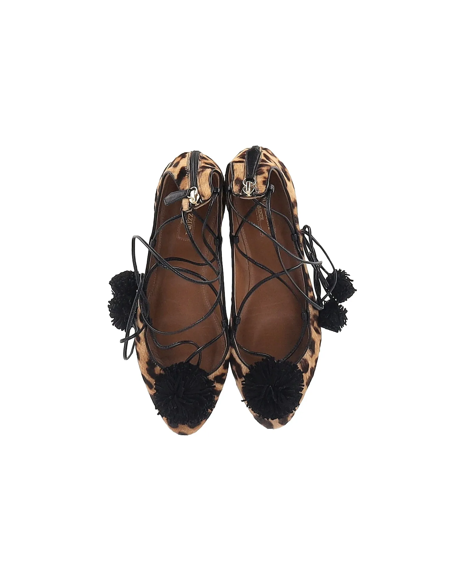 Aquazzura Sunshine Leopard-Print Lace-Up Ballerina Flats in Brown Leather