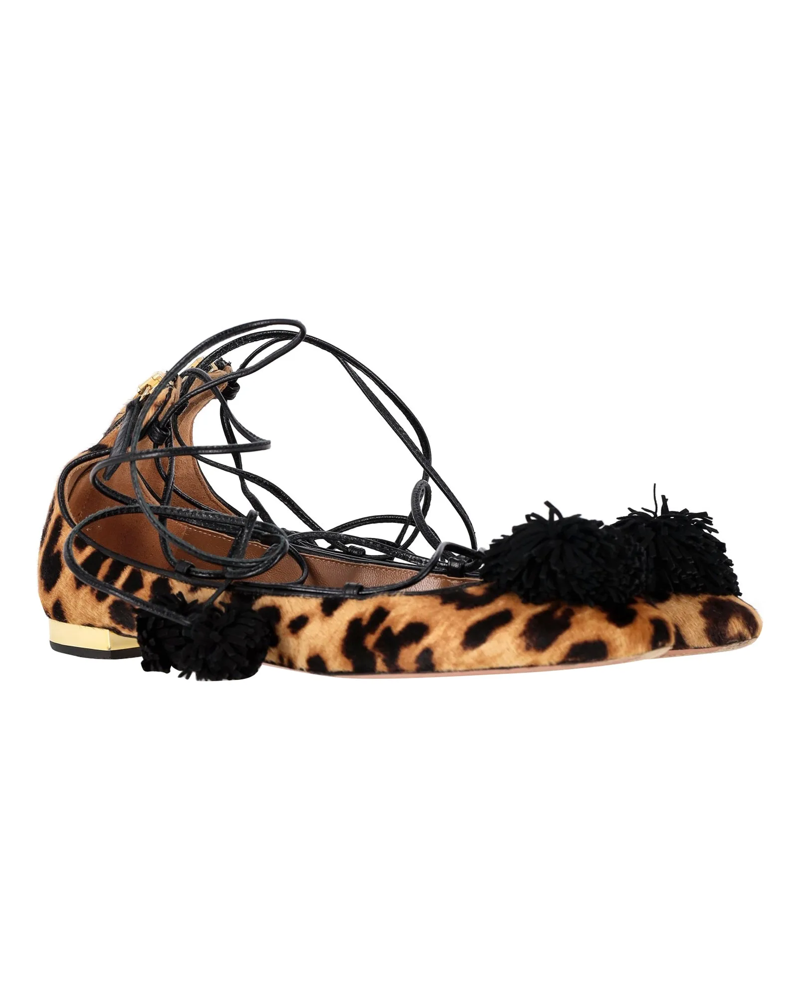 Aquazzura Sunshine Leopard-Print Lace-Up Ballerina Flats in Brown Leather