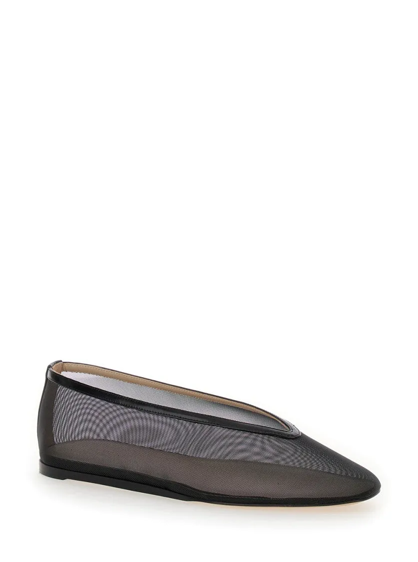 Black Leather Ballerinas In Fishnet Style
