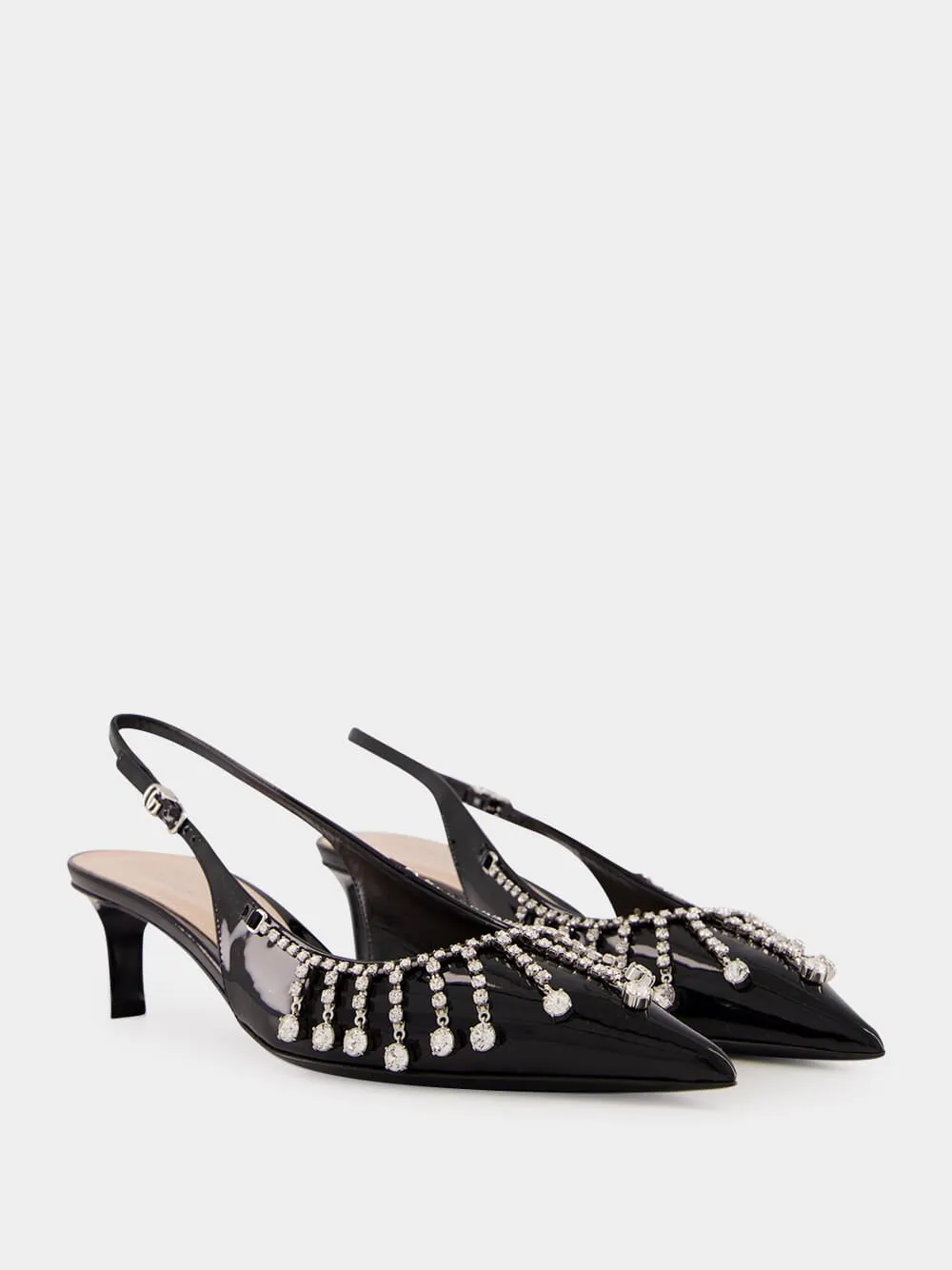 Black Patent Leather Pumps with Crystal Chain