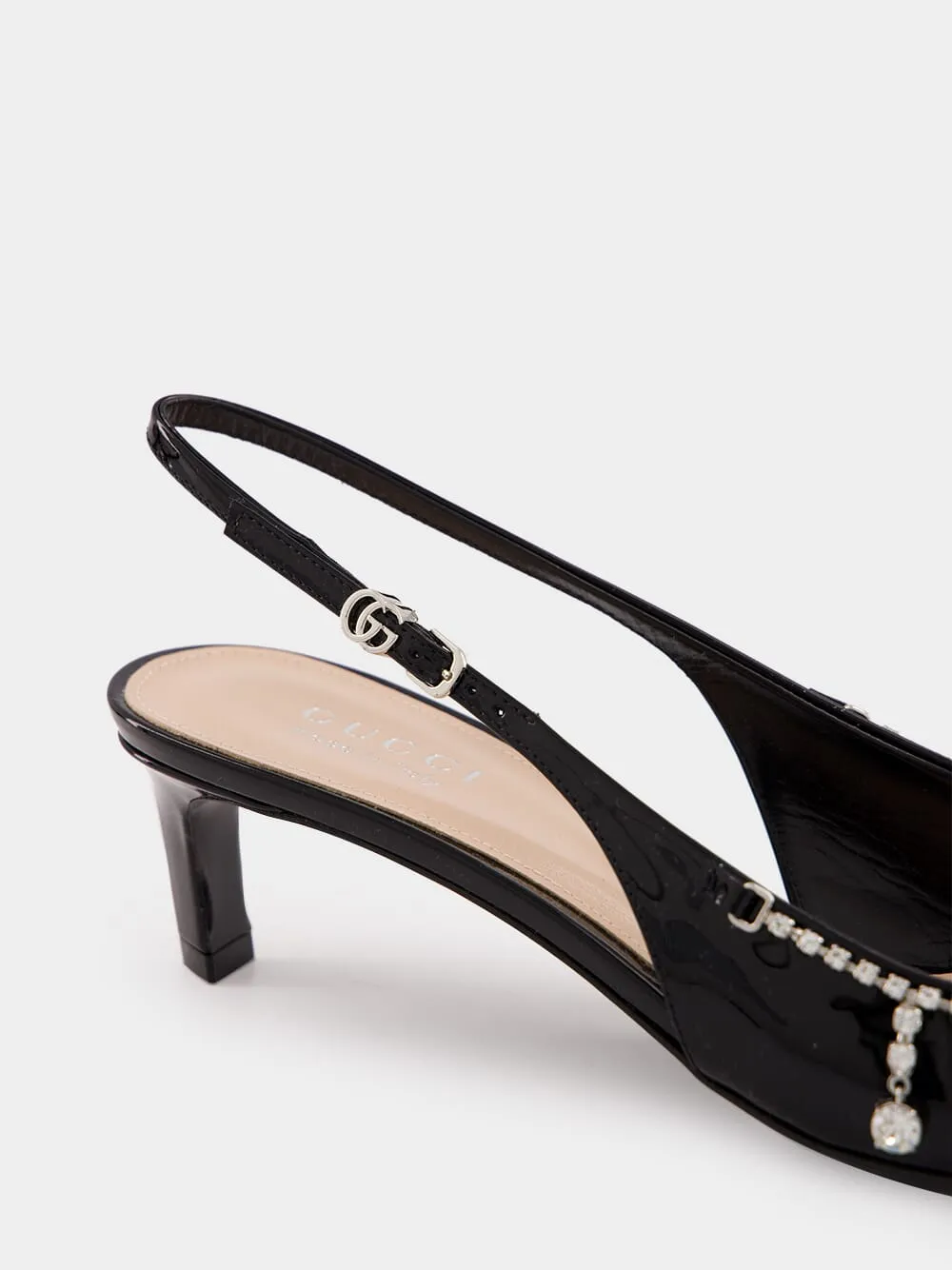 Black Patent Leather Pumps with Crystal Chain
