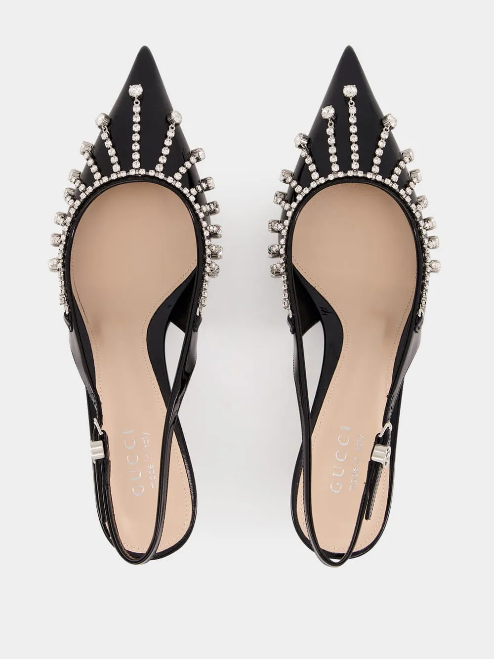 Black Patent Leather Pumps with Crystal Chain