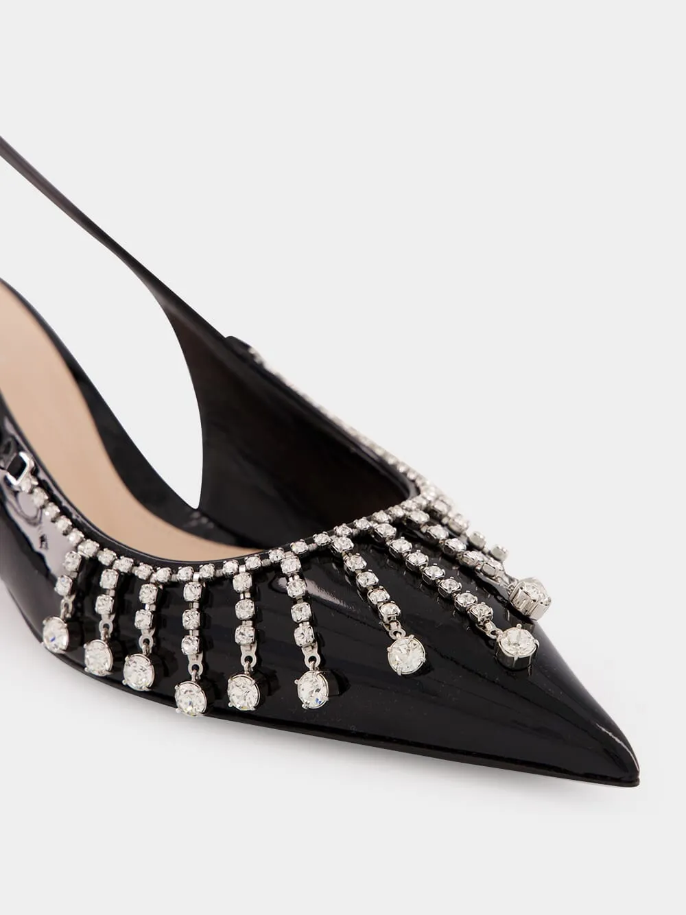 Black Patent Leather Pumps with Crystal Chain