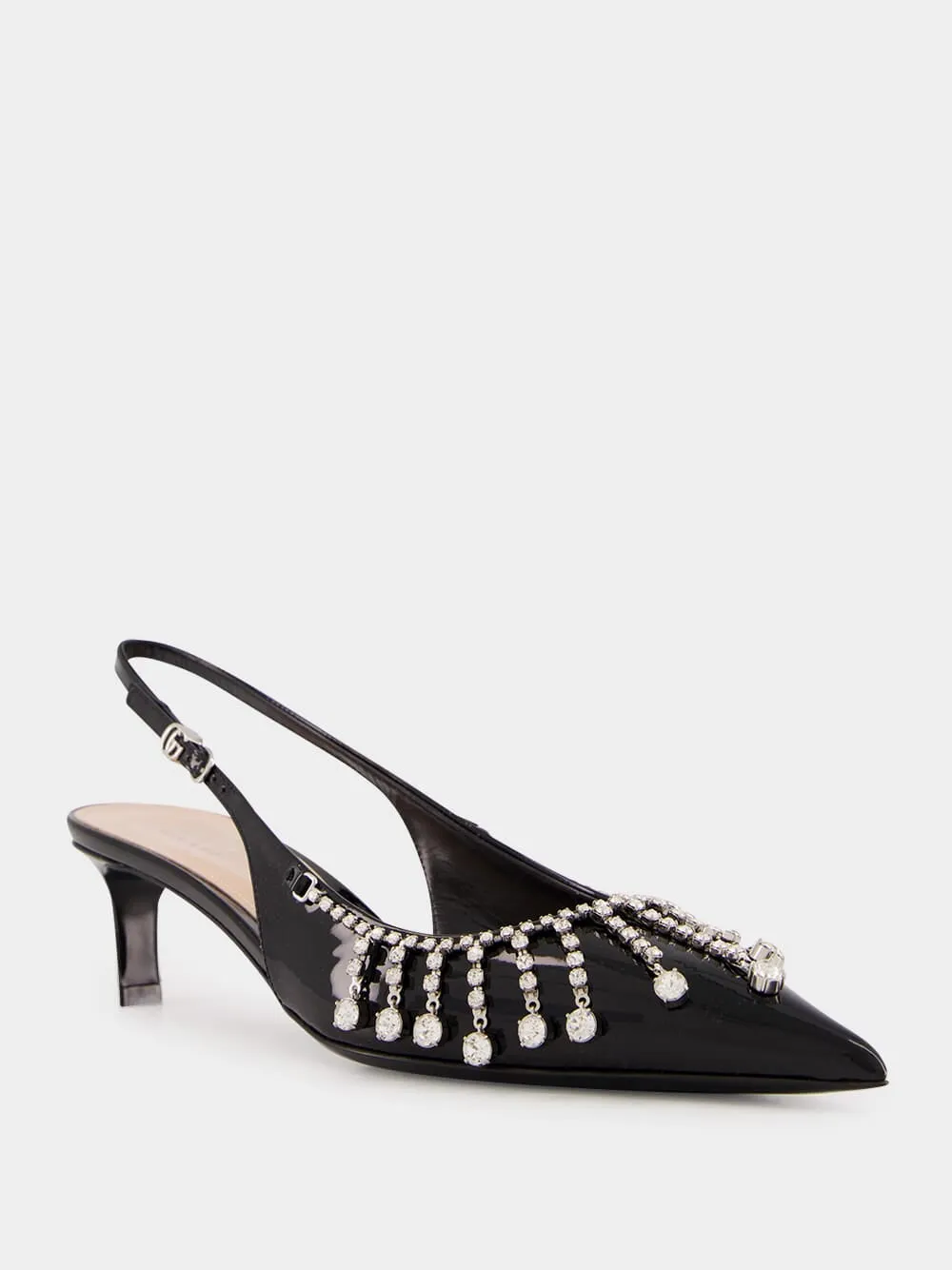 Black Patent Leather Pumps with Crystal Chain