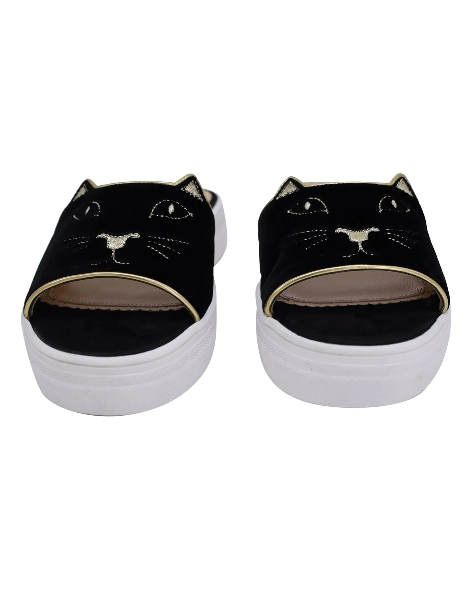 Charlotte Olympia Kitty Slide Platform Sandals in Black Velvet