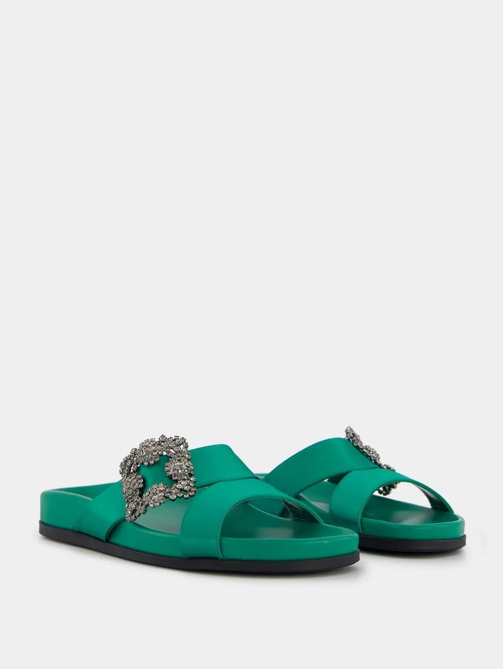 Chilanghi Black Satin Jewel Buckle Flat Mules
