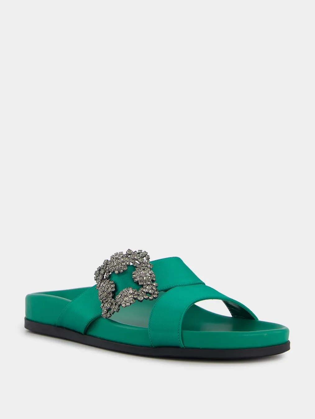 Chilanghi Black Satin Jewel Buckle Flat Mules