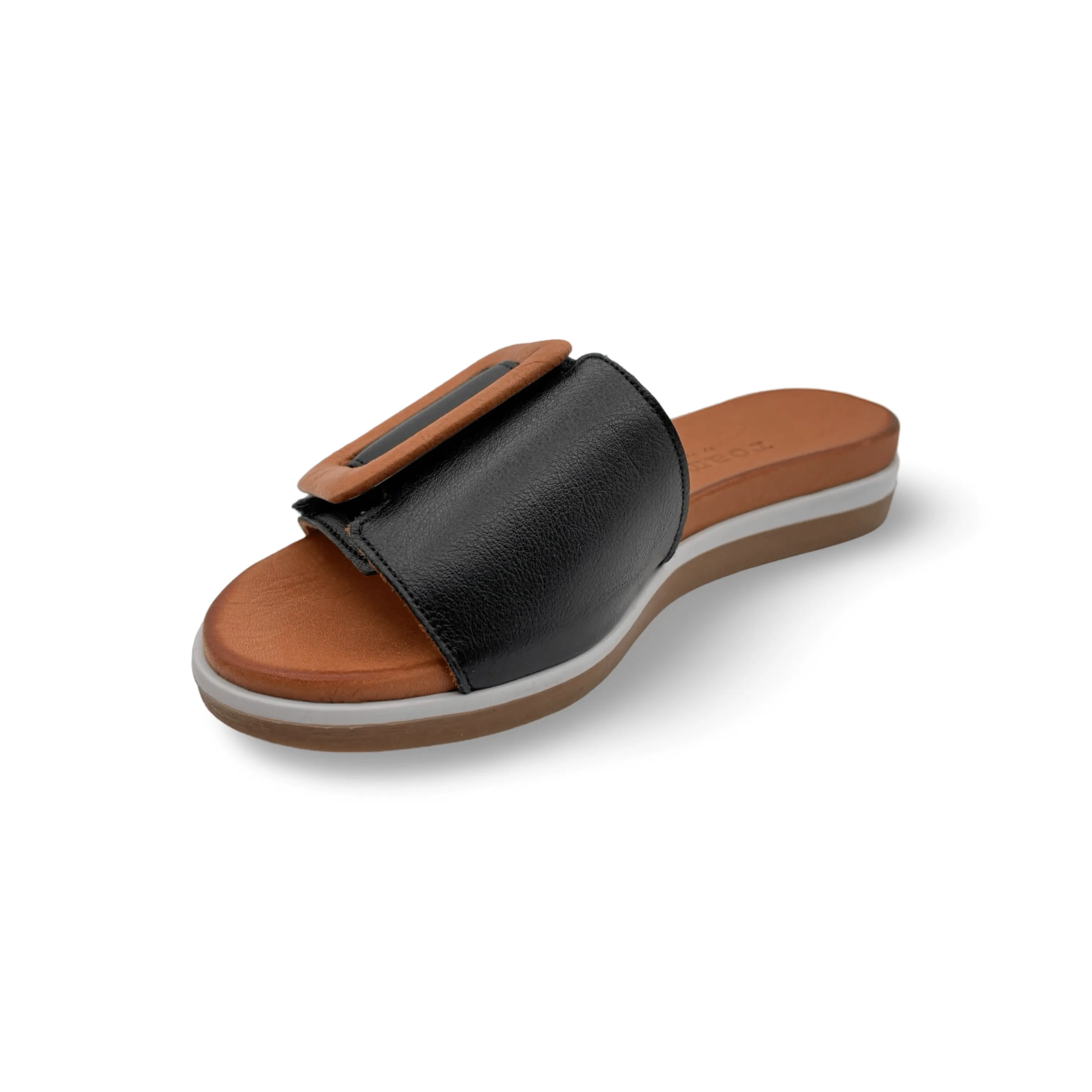 Gia Black Adjustable Leather Slide