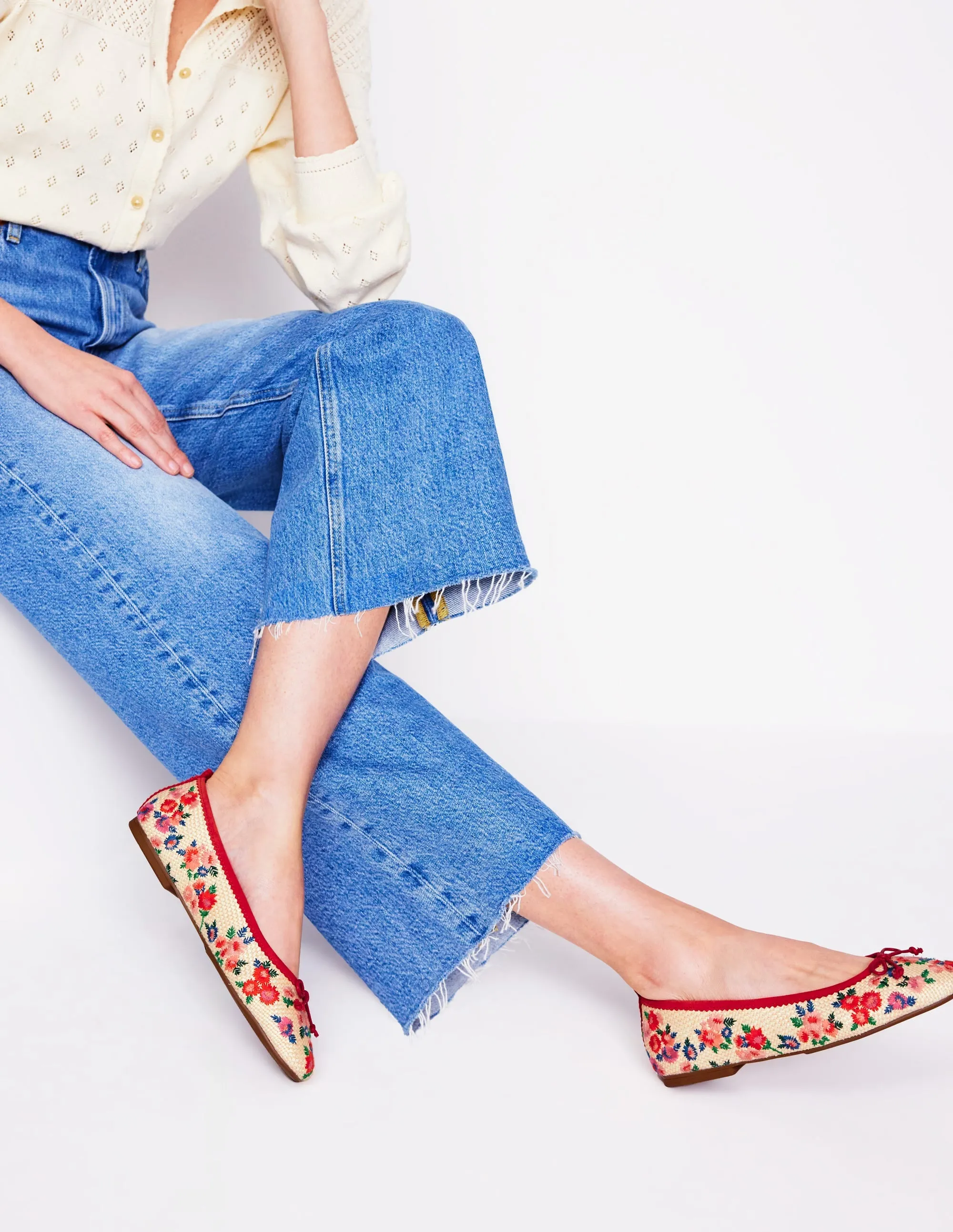 Kitty Flexi Sole Ballet Flats-Embroidered Natural