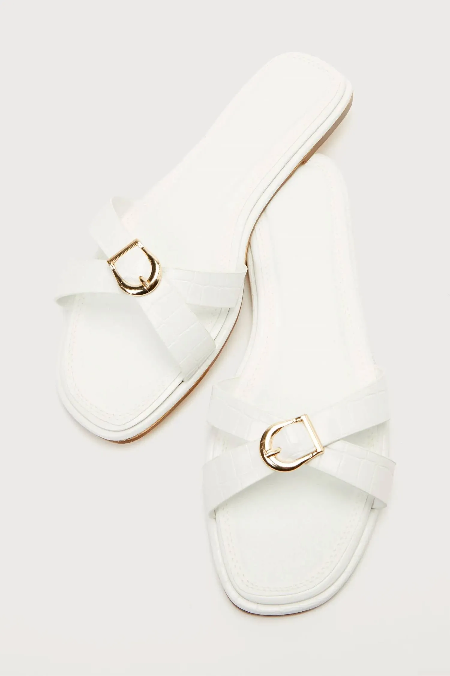 Perline Bone Croc-Embossed Buckle Slide Sandals In White