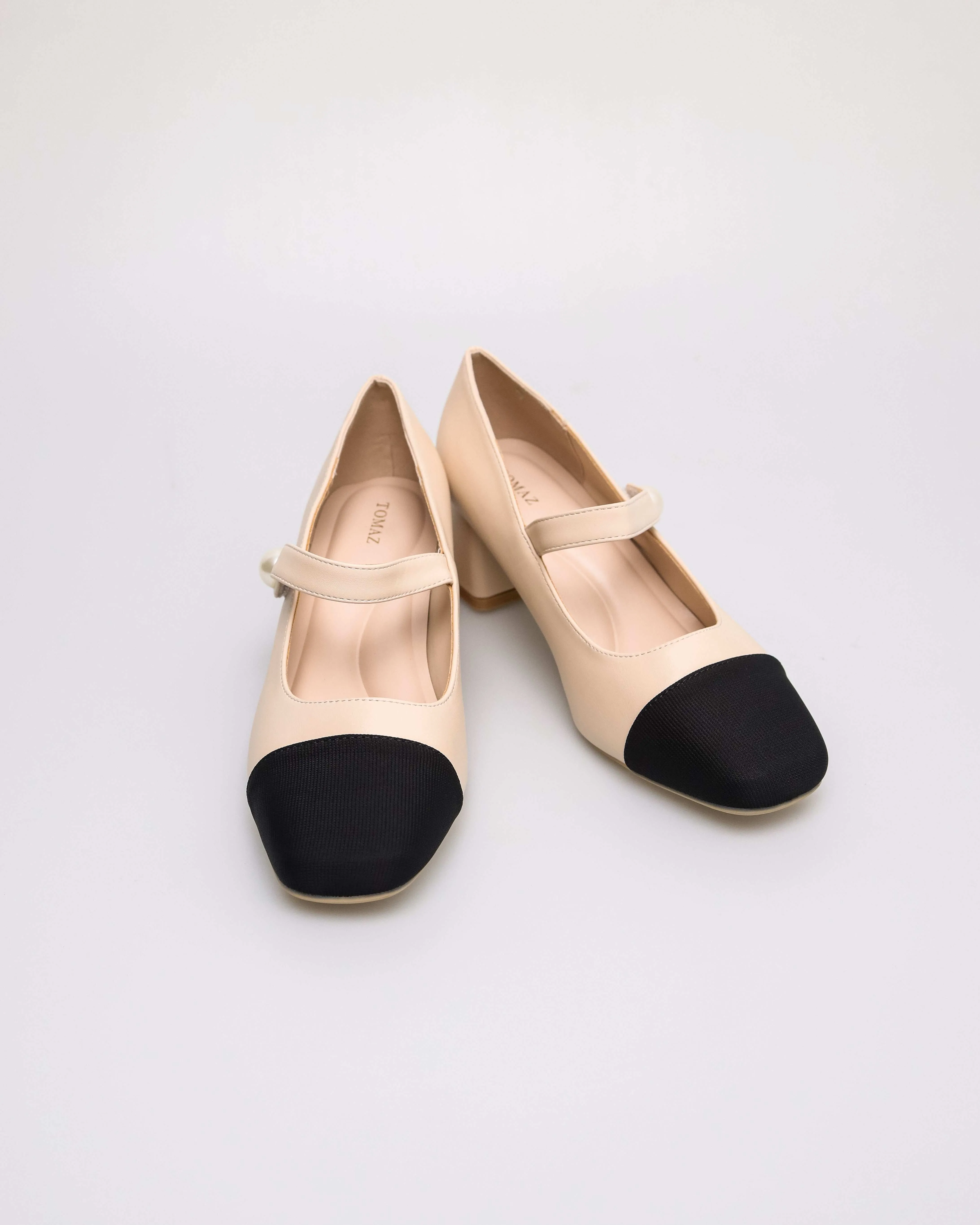 Tomaz YX230 Ladies Elegant Pearl-Button Mary Jane Block Heel