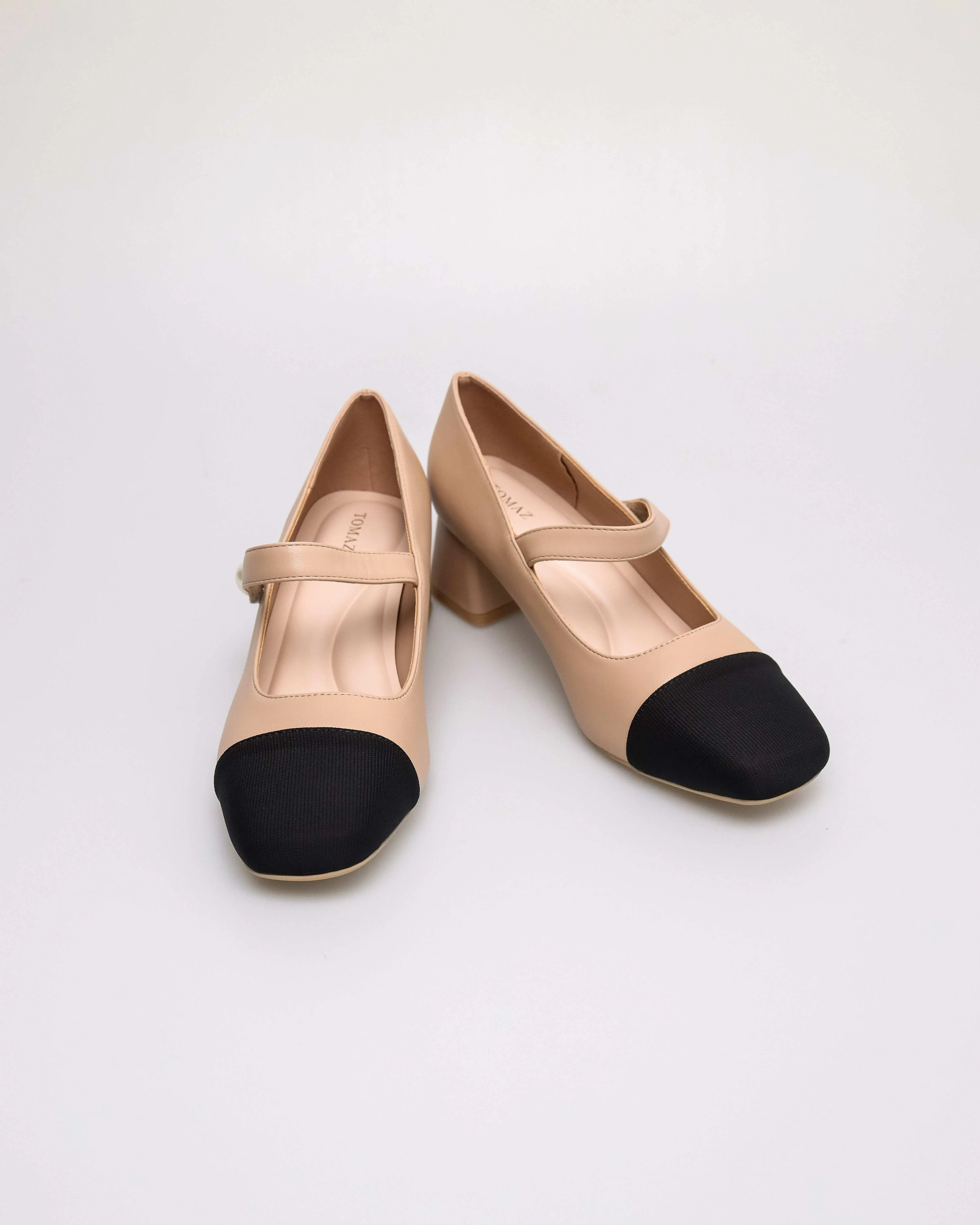 Tomaz YX230 Ladies Elegant Pearl-Button Mary Jane Block Heel