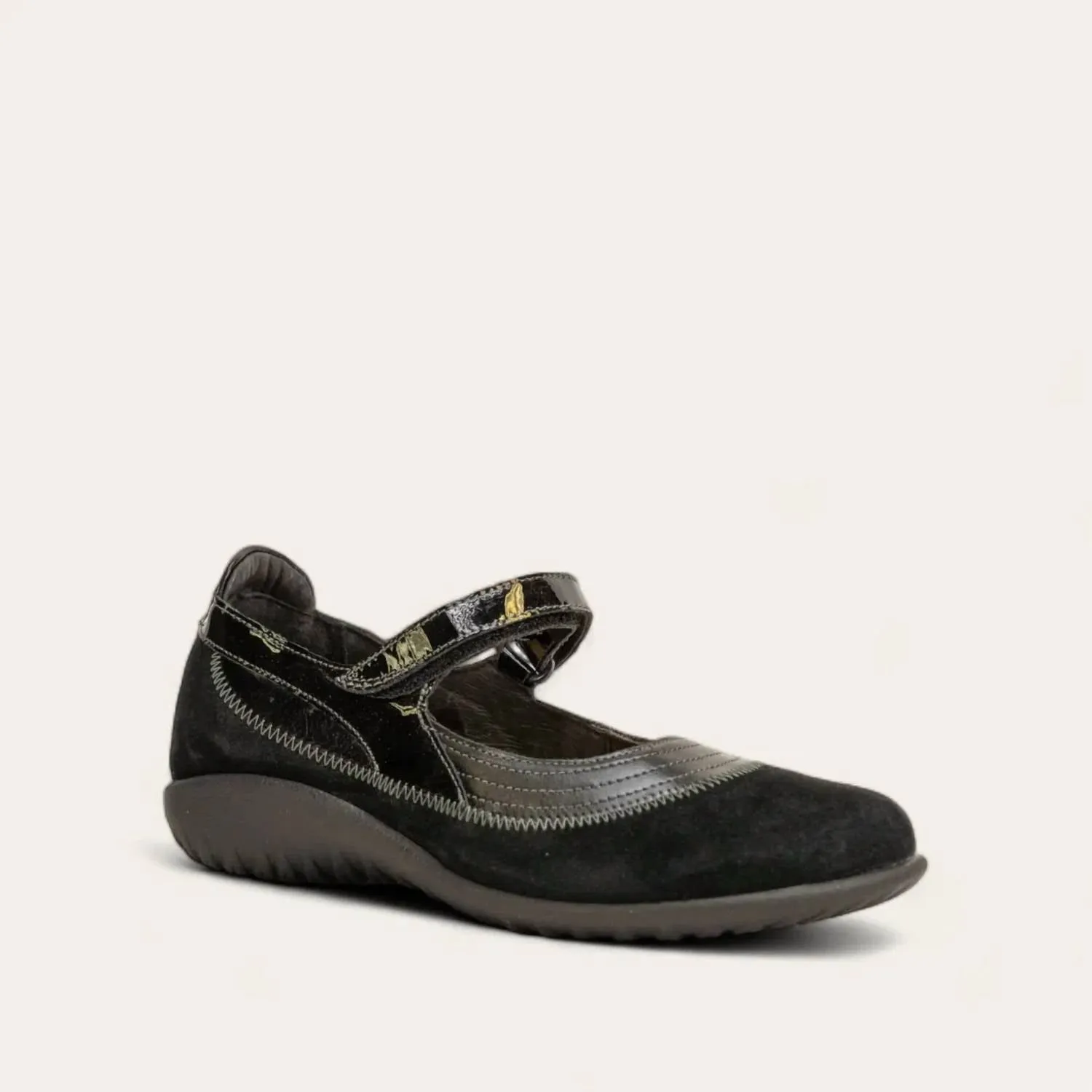 Women's Kirei Mary Jane Shoes - Medium In Black Madras/black Suede/black Patent